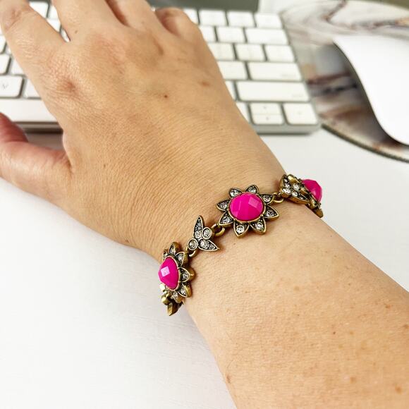 J. Crew Hot Pink Crystal Flower Bird Bracelet - Picture 3 of 6